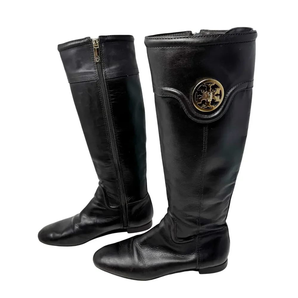 Tory Burch Selma Black Leather Knee High Riding Boots Gold Logo Women’s Size 7